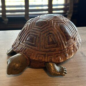 Mid-Century Italian Sarreid LTD Hand Carved Wood Turtle BrassTrim Figurine‎ 12"